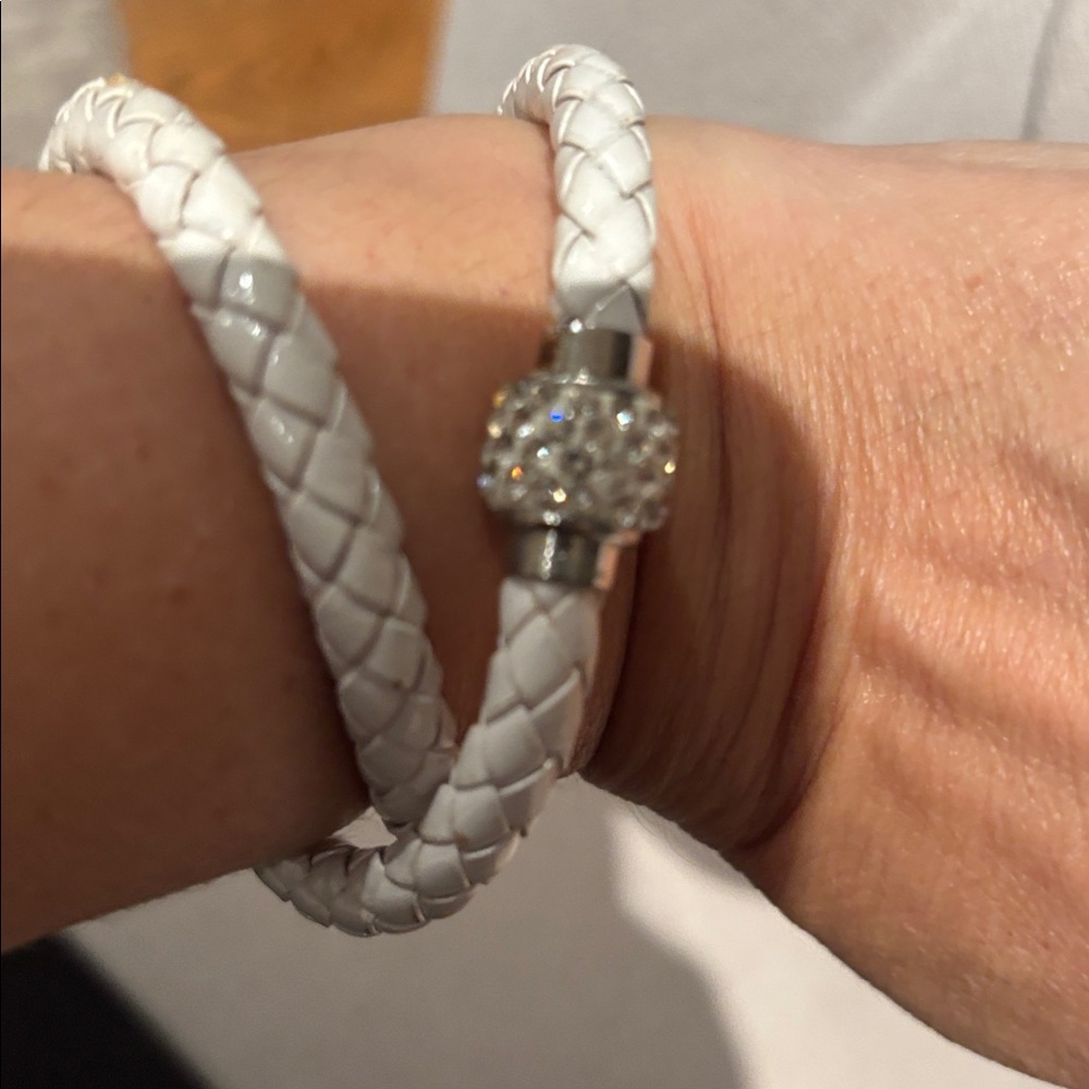 White Braided Bracelet with Rhinestone Accent